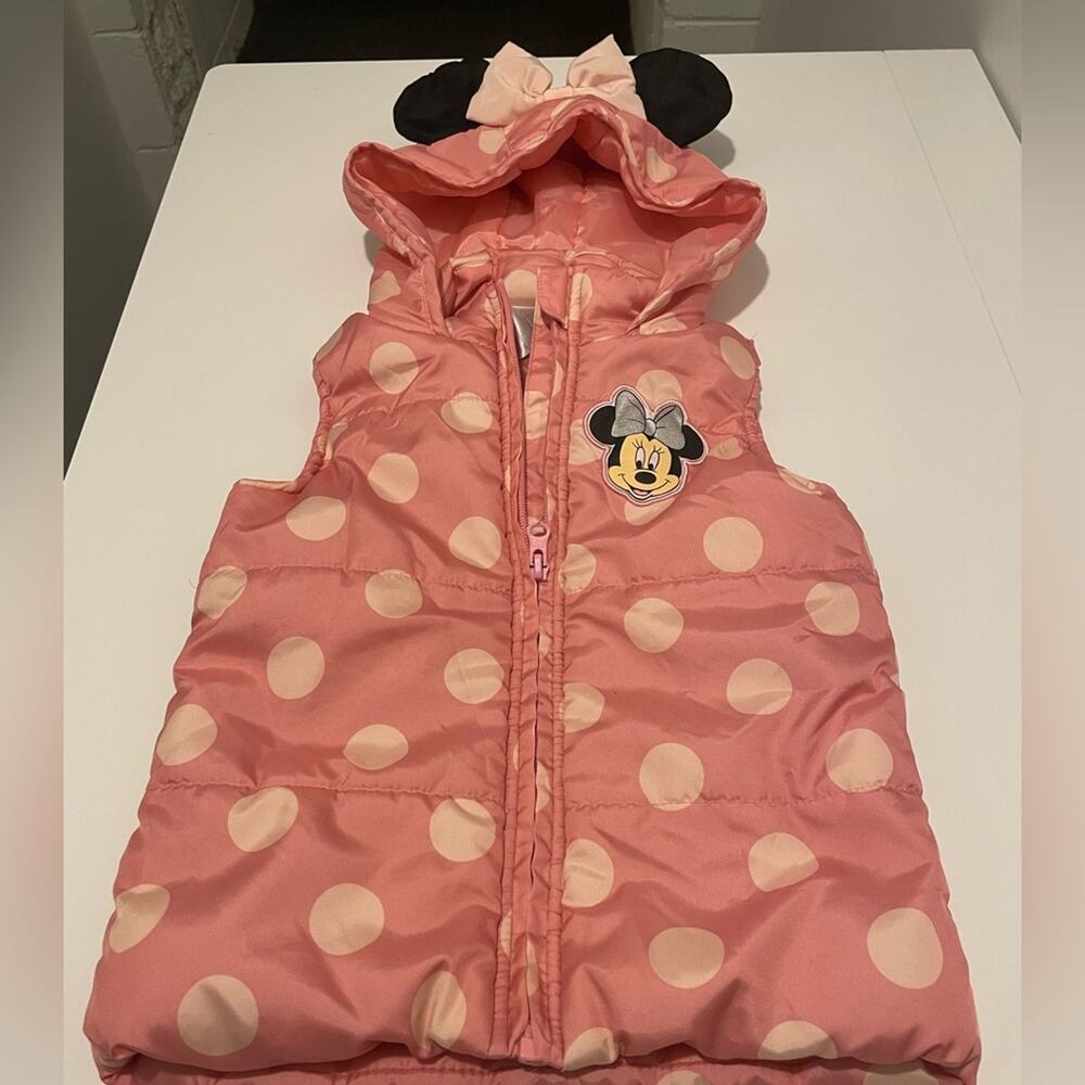 Disney Minnie Mouse Girl's size 4T Pink Puffer Vest Hooded Ears Polka Dot